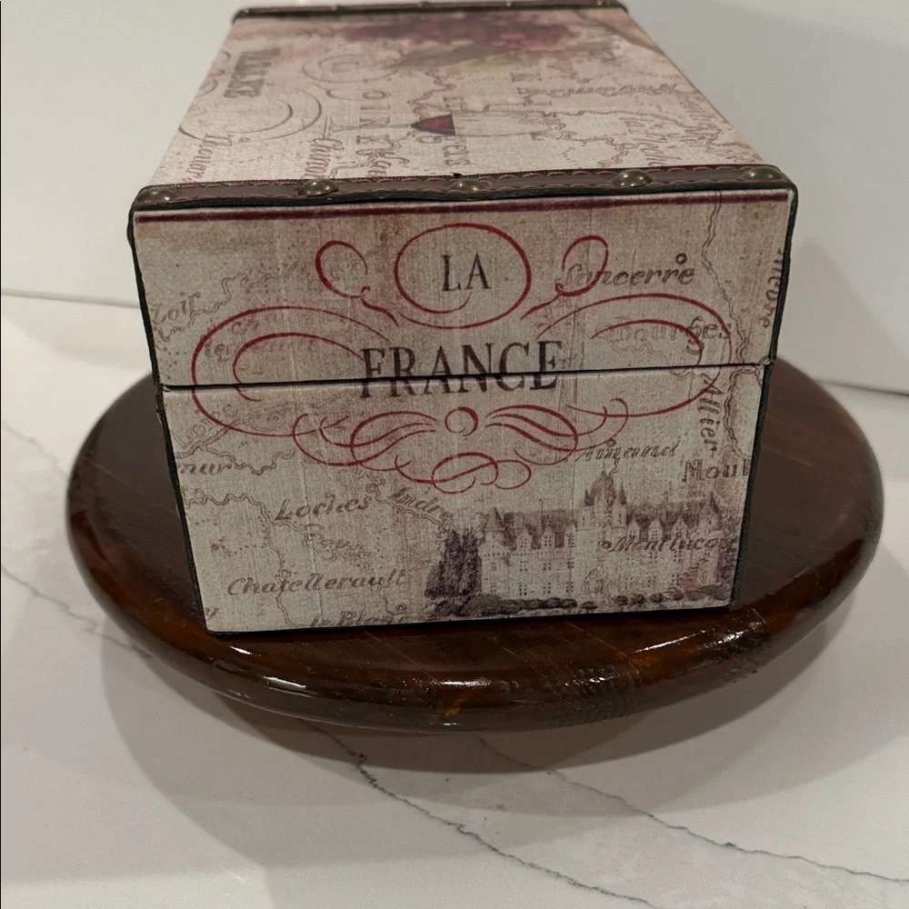 France Wine Country-Themed Decorative Wooden Storage Box, Faux Leather Straps